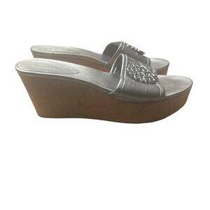 COACH Judith Cork Wedge Sandals w/ COACH Logo in Silver Size 8.5 — GORGEOUS!!!